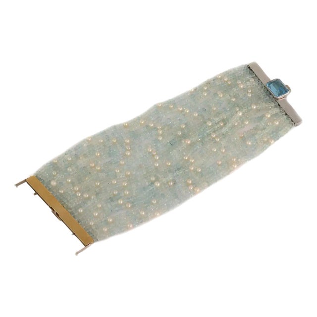 Blue Topaz Aquamarine Pearls 18k Gold Multi-Strand Bead Bracelet For Sale