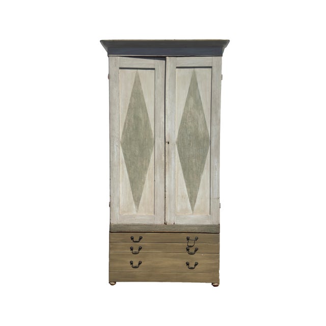 Mid-Century Modern Antique Gustavian Style Painted Armoire With Painted Diamond Panels & Coral Interior For Sale - Image 3 of 14