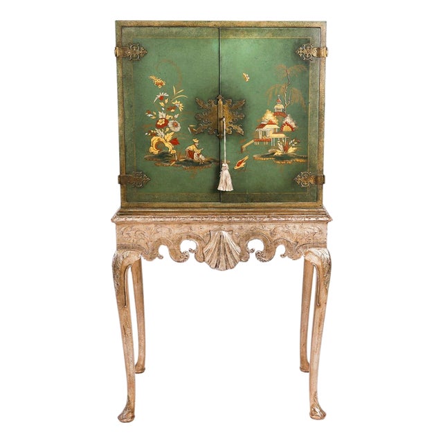 Mid-Century Green Lacquered Cocktail Cabinet on Stand from Harrods, 1940s For Sale