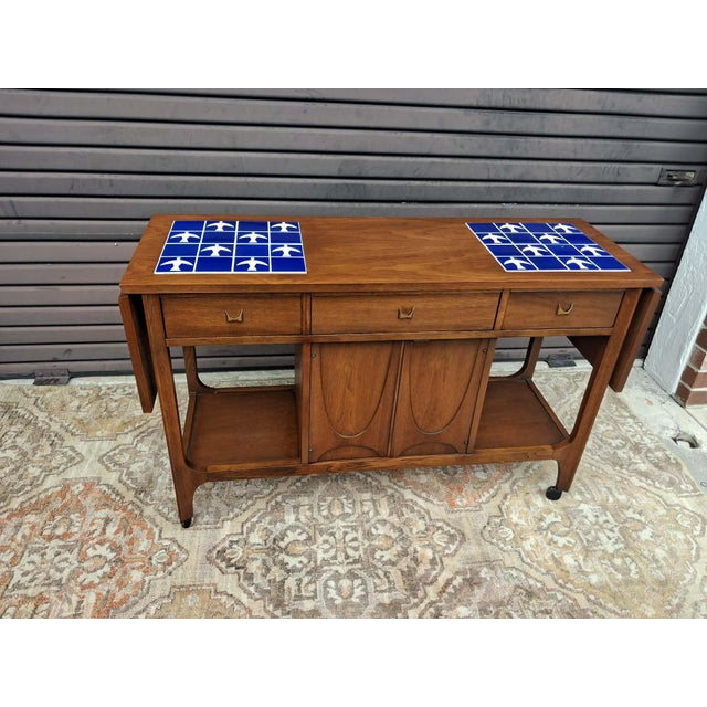 Mid Century Modern Broyhill Brasilia Bar Cart Server - Modern #6140-76 Features Two Drop Leaf Extensions with Royal Blue...