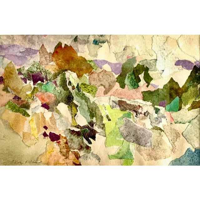 Delicately assembled collage comprised of pieces of watercolor painted paper, layered to create texture and depth....