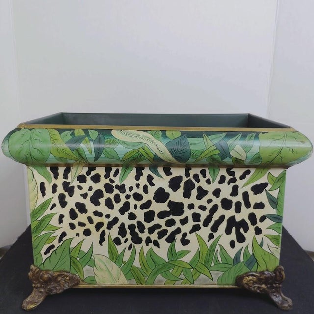 Green Vintage John Richard Jungle Leopard Print Tole Metal Planter Cachepot W/Brass Lion Head Rings Ornate Feet For Sale - Image 8 of 10