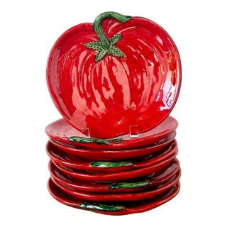 Vintage 1960s Italian Glazed Ceramic Tomato Plates - Set of 8 For Sale