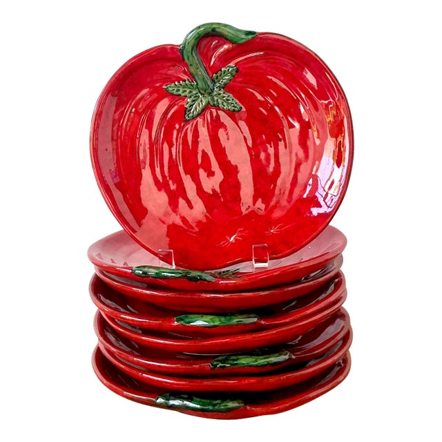 Vintage 1960s Italian Glazed Ceramic Tomato Plates - Set of 8 For Sale