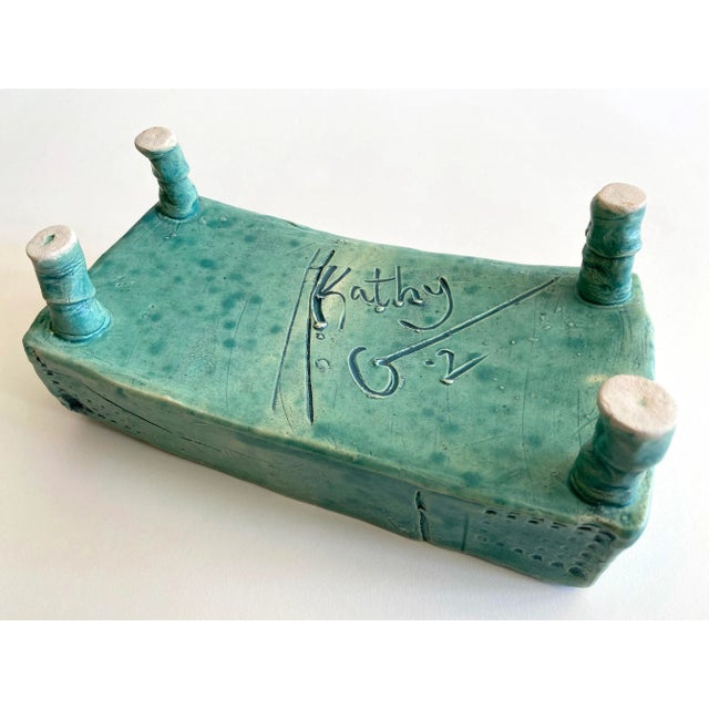 Vintage 1980's Organic Modernist Studio Art Pottery Abstract Footed Rectangle Decorative Bowl For Sale - Image 12 of 13