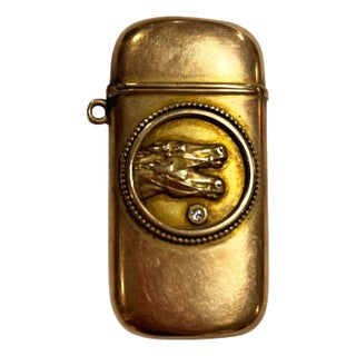 19th Century Late Victorian Western 10k Gold Stallion Pair Match Safe Vesta W/ Diamond For Sale