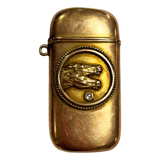 19th Century Late Victorian Western 10k Gold Stallion Pair Match Safe Vesta W/ Diamond For Sale