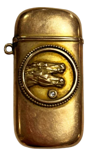 19th Century Late Victorian Western 10k Gold Stallion Pair Match Safe Vesta W/ Diamond