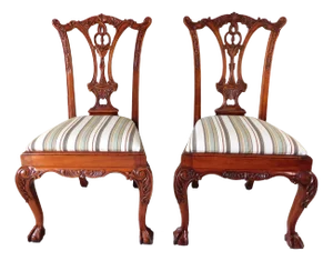 Pair Vintage Chippendale Carved Mahogany Wood Dining Side Chairs