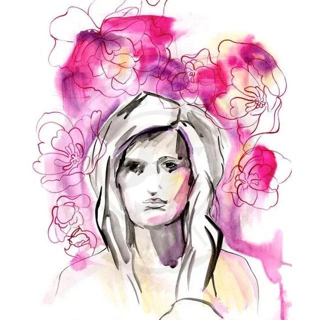 Kathleen Ney Fashion Flowers Portrait, Original Painting For Sale