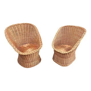 Mid 20th Century Wicker Rattan Barrel Pod Tulip Chairs- a Pair For Sale