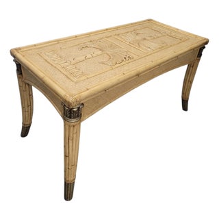 Vintage Coastal Regency Double Palm Tree Carved Wicker Bamboo Desk Dining Table For Sale