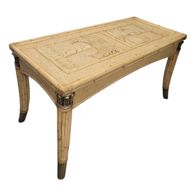 Vintage Coastal Regency Double Palm Tree Carved Wicker Bamboo Desk Dining Table For Sale