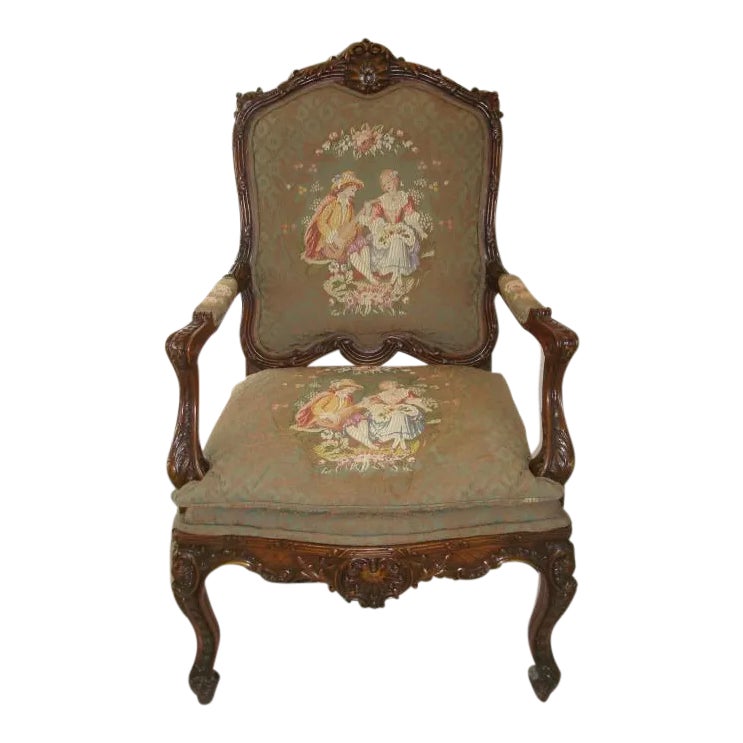 Ornate French Louis XV–Style Carved Wood Armchair With Floral Tapestry Upholstery — view 11