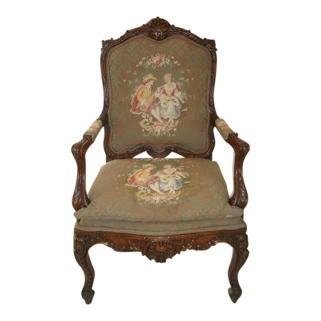 Ornate French Louis XV–Style Carved Wood Armchair With Floral Tapestry Upholstery For Sale