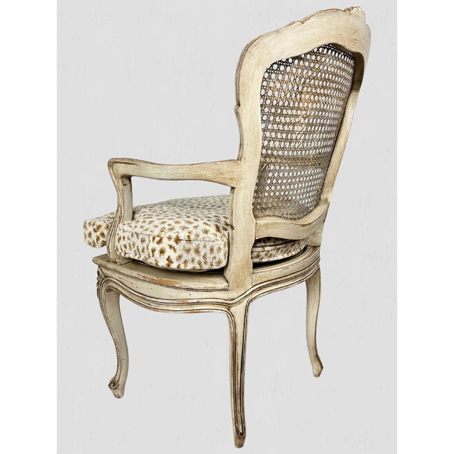 1980s Painted Frame Caned Back French Leopard Arm Chairs- a Pair For Sale - Image 9 of 12