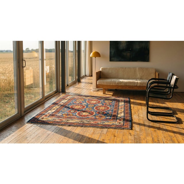 1890s Royal Blue Geometric Antique Caucasus Kuba Rug 3'2" X 3'10" Handknotted Wool Carpet For Sale In New York - Image 6 of 8
