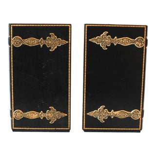 Vintage Black and Gold Leather Faux Book Bookends - A Pair For Sale