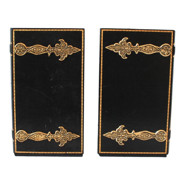 Vintage Black and Gold Leather Faux Book Bookends - A Pair For Sale