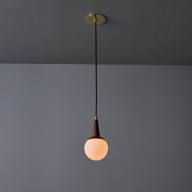 Wood 1950s Brass, Wood, and Opaline Glass Pendant Attributed to Stilnovo For Sale - Image 7 of 12