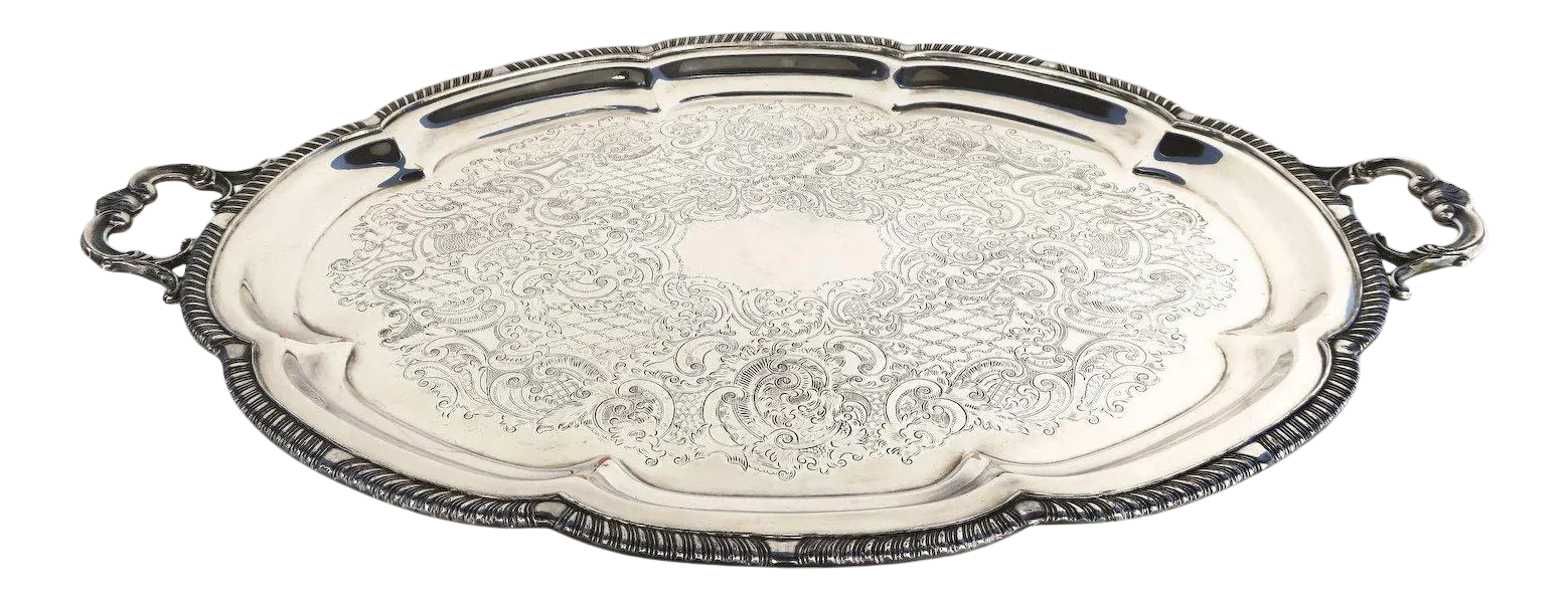 米国ヴィンテージ F.B. Rogers 銀仕上げ皿 Late 19th Century F.B. Rogers Oval Silver on Copper Waiter's Tray