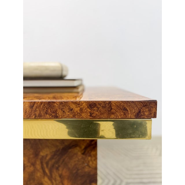 Mid 20th Century Milo Baughman Style Burlwood Brass Trim Side Table Vintage MCM Postmodern Accent For Sale - Image 10 of 11