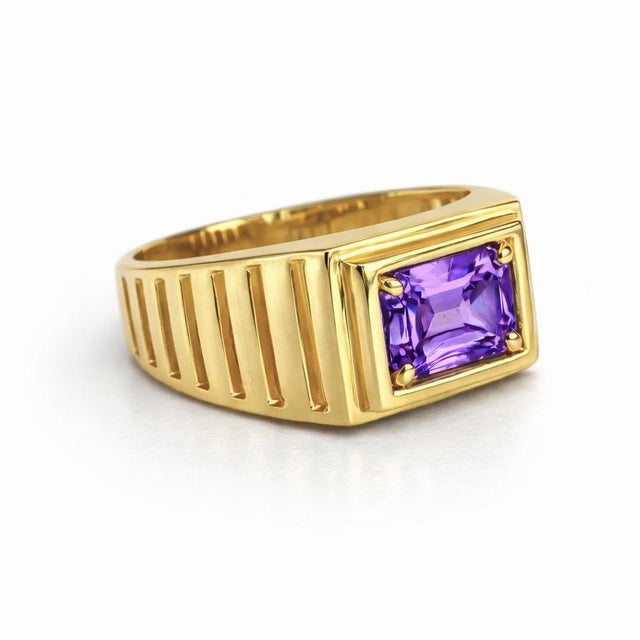 Modern Art Deco Signet Ring for Men With Amethyst, Silver, Gold, Size 10 For Sale - Image 3 of 5