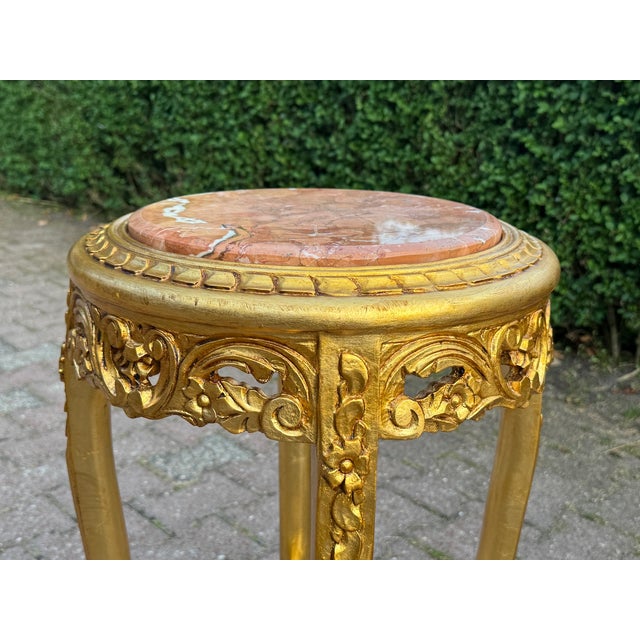 1950s French Louis XVI Gold Beech Marble Side Tables Pair For Sale - Image 10 of 11