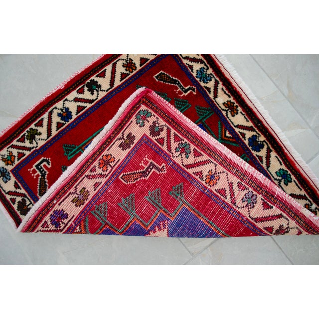 Blue 1970s Hand-Knotted Small Rug, Lion Motif Wellcome Mat Entry Decor - 26" X 24" For Sale - Image 8 of 9