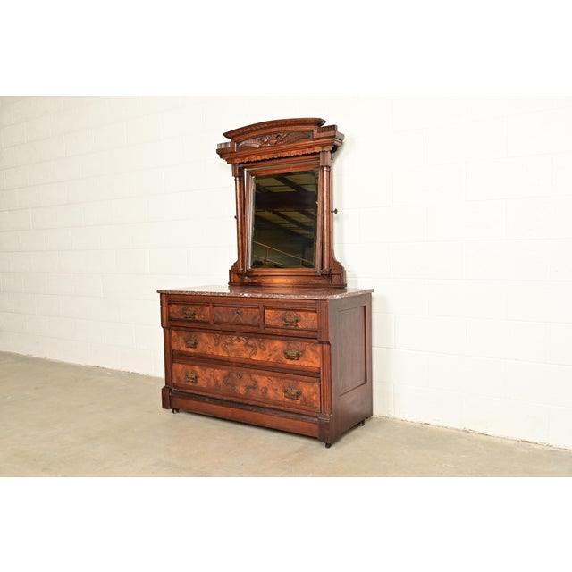 Victorian Herter Brothers Style Antique Eastlake Victorian Carved Burled Walnut Marble Top Dresser With Mirror, Circa 1880s For Sale - Image 3 of 17