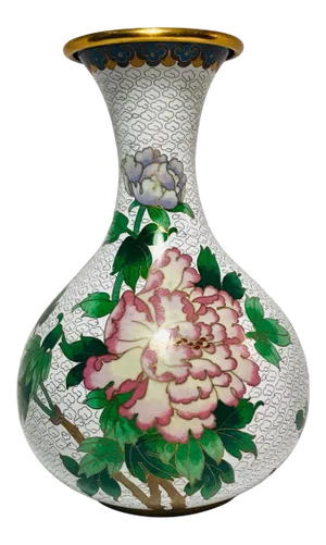 Mid-Century Vintage Japanese Cloisonné Copper & Enamel Peonies Vase
