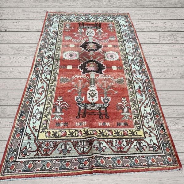 1920s 5x8 Antique Khotan Rug | Stylized Flowering Plants and Vases For Sale - Image 5 of 6