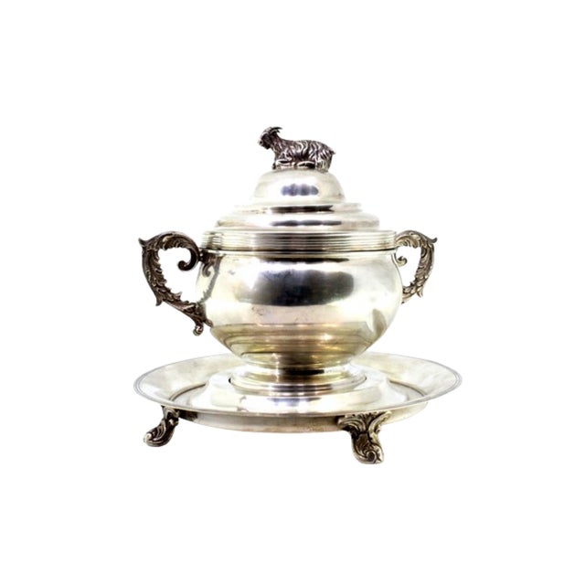 Metal Silver Bonbon Jar on a Removable Plate with Goat-Shaped Knob Lid, Friezes and Raised Feet For Sale - Image 7 of 9