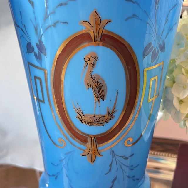 Art Nouveau Large Pair of Antique Turquoise Blue Opaline Vases – Hand-Painted Heron Medallions, Gilt Accents For Sale - Image 3 of 9