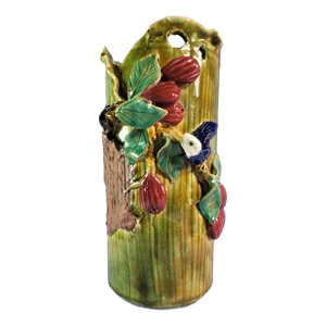 Vintage Majolica Style Japan Vase Hand Moulded 3D Birds Flowers Decorated Vessel