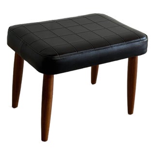 Vintage Danish Modern Ottoman Footstool Black Vinyl Teak Mid Century Scandinavian Stool For Sale