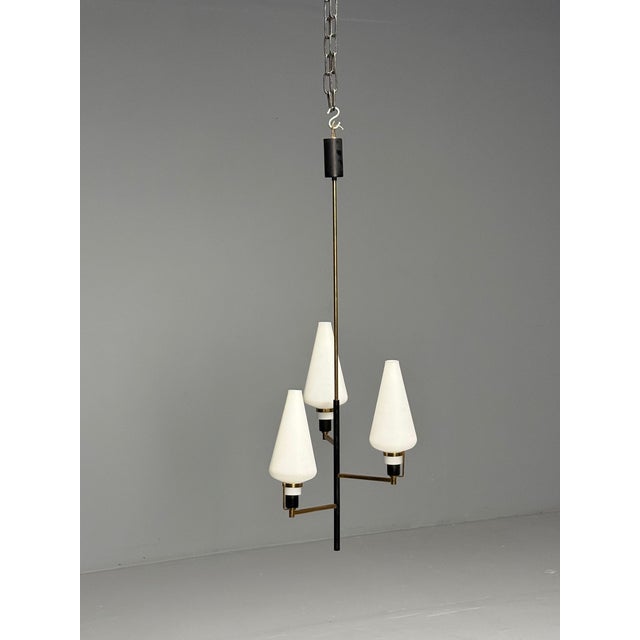 Mid-Century Modern Italian Mid-Century Modern, Ceiling Pendant, Brass, Opaline Glass, Italy, 1950s For Sale - Image 3 of 7