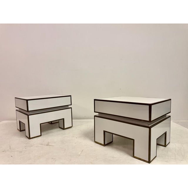 Gold White Bedside Tables with Brass Banding by Alain Delon for Maison Jansen, 1970s, Set of 2 For Sale - Image 8 of 17