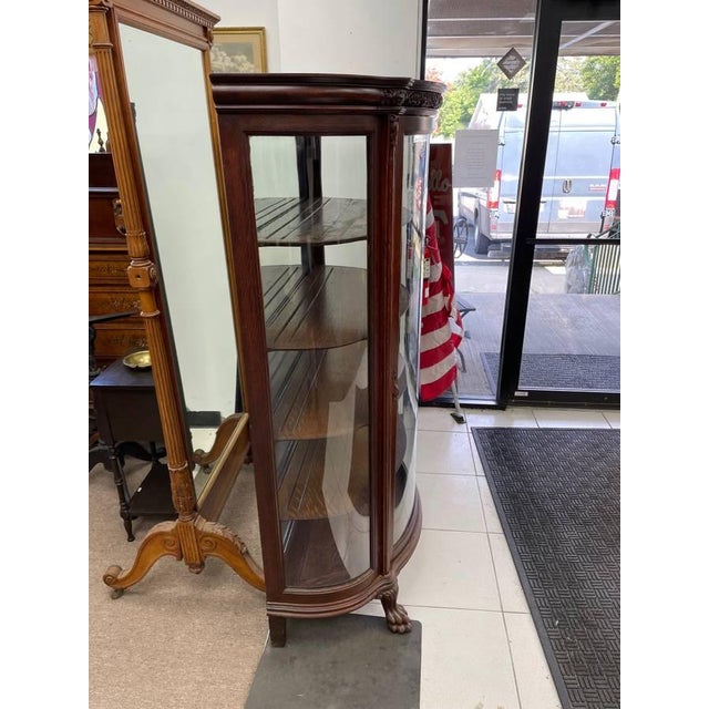American Antique Tiger Oak Curio Cabinet, 4 Shelves, Glass Door, Hand Carved Wood For Sale - Image 3 of 11