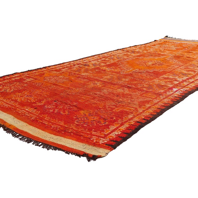 90051 Vintage Taznakht Moroccan Rug, 04'06 x 11'05. The Lion’s Ember: A Vintage Taznakht Moroccan Masterpiece of Tribal...