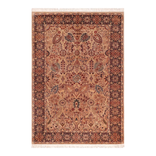 Shabby Chic Floral 1990's Pak-Persian Taupe/Blue Wool Rug - 6'0'' X 9'2'' For Sale