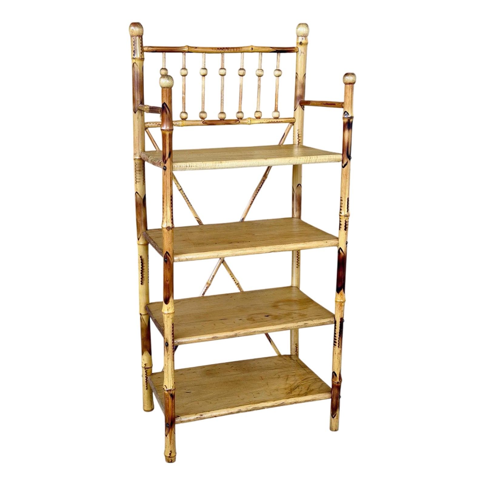 木製ラック・ウッドラック 612.Antique Iron Shelf Indonesia Antique Victorian Aesthetic Movement Burnt Bamboo Four-Tier Shelf