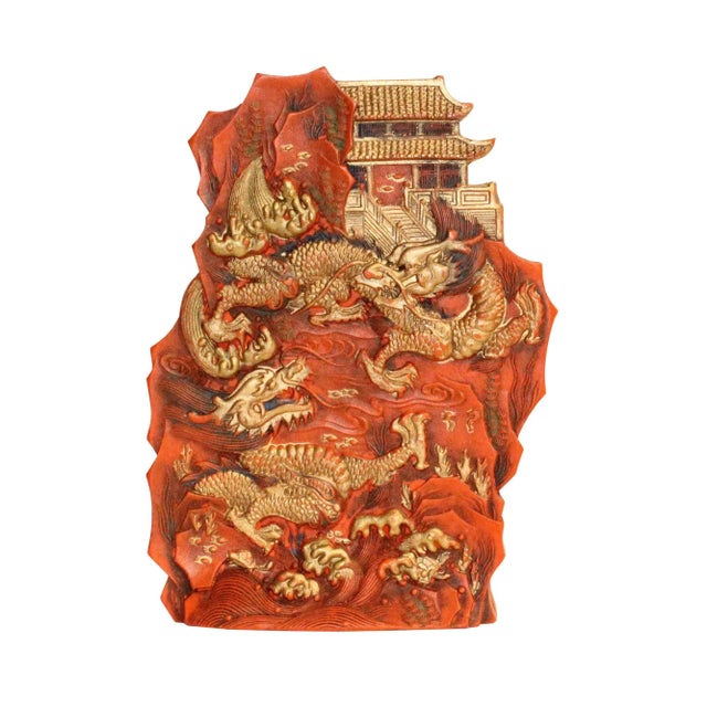 Burnt Orange Chinese Calligraphic Cinnabar Ink Stick Double Dragons Scenery Art For Sale - Image 8 of 8