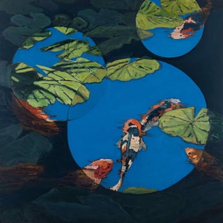 Spotlight On Summer by Deb Komitor | Oil on Cradle Board Koi fish among lily pads in water. For Sale