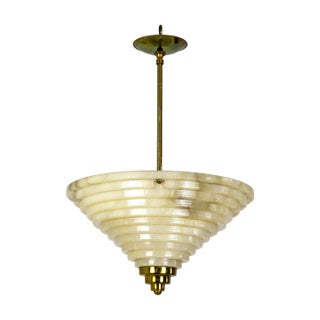 1920s Deco Stepped Alabaster Pendant Light With Brass Finial For Sale