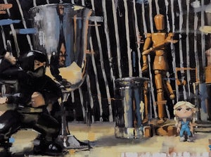 Ninja! by Calvin Lai | Oil on Wood Panel Ninja figure in action with various objects in the background