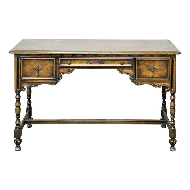 Vintage Western Revival Drawers Turned Decorative Legs Desk For Sale