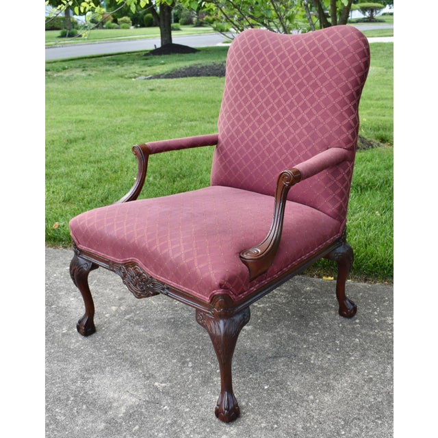 Burgundy Vtg. Centruy Chippendale Style Mahogany Library Arm Chair W/Claw Foot For Sale - Image 8 of 12