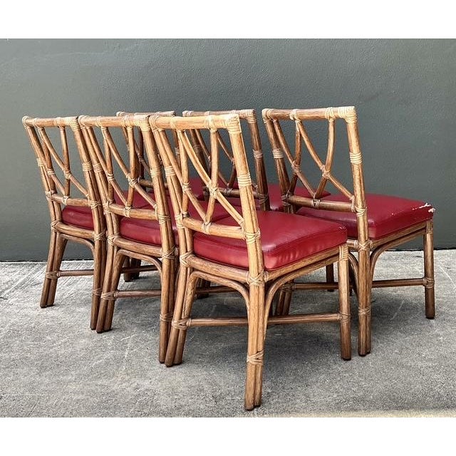 Hollywood Regency Vintage McGuire Rattan Cross Hatch Dining Chairs - Set of 6 For Sale - Image 3 of 12