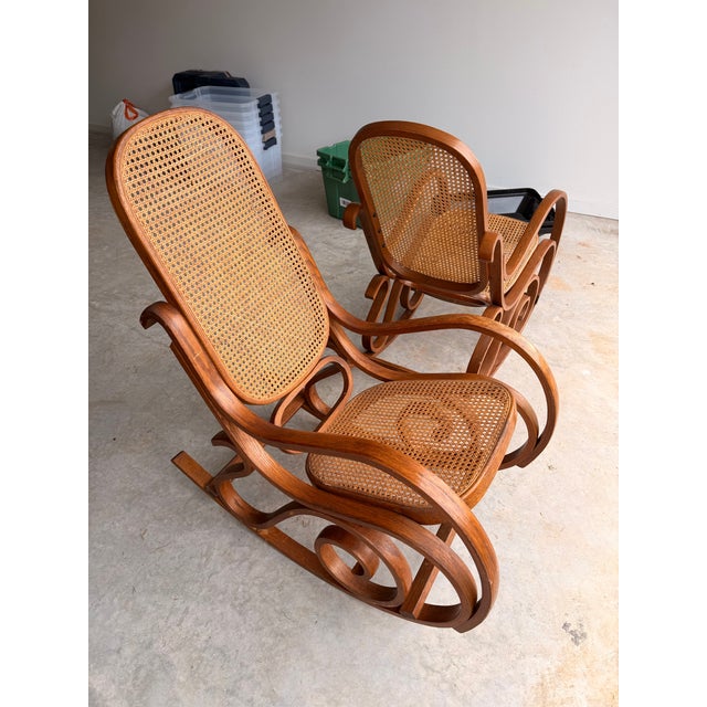 Wood Vintage Bentwood Cane Rockers | Art Nouveau / Victorian Conservatory Style | Pair For Sale - Image 7 of 9